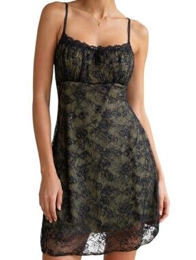 Handmade Slip Dress Women Medium Green Black Lace